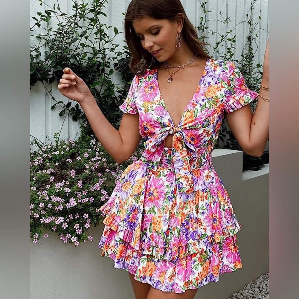 Floral mini dress with tie front